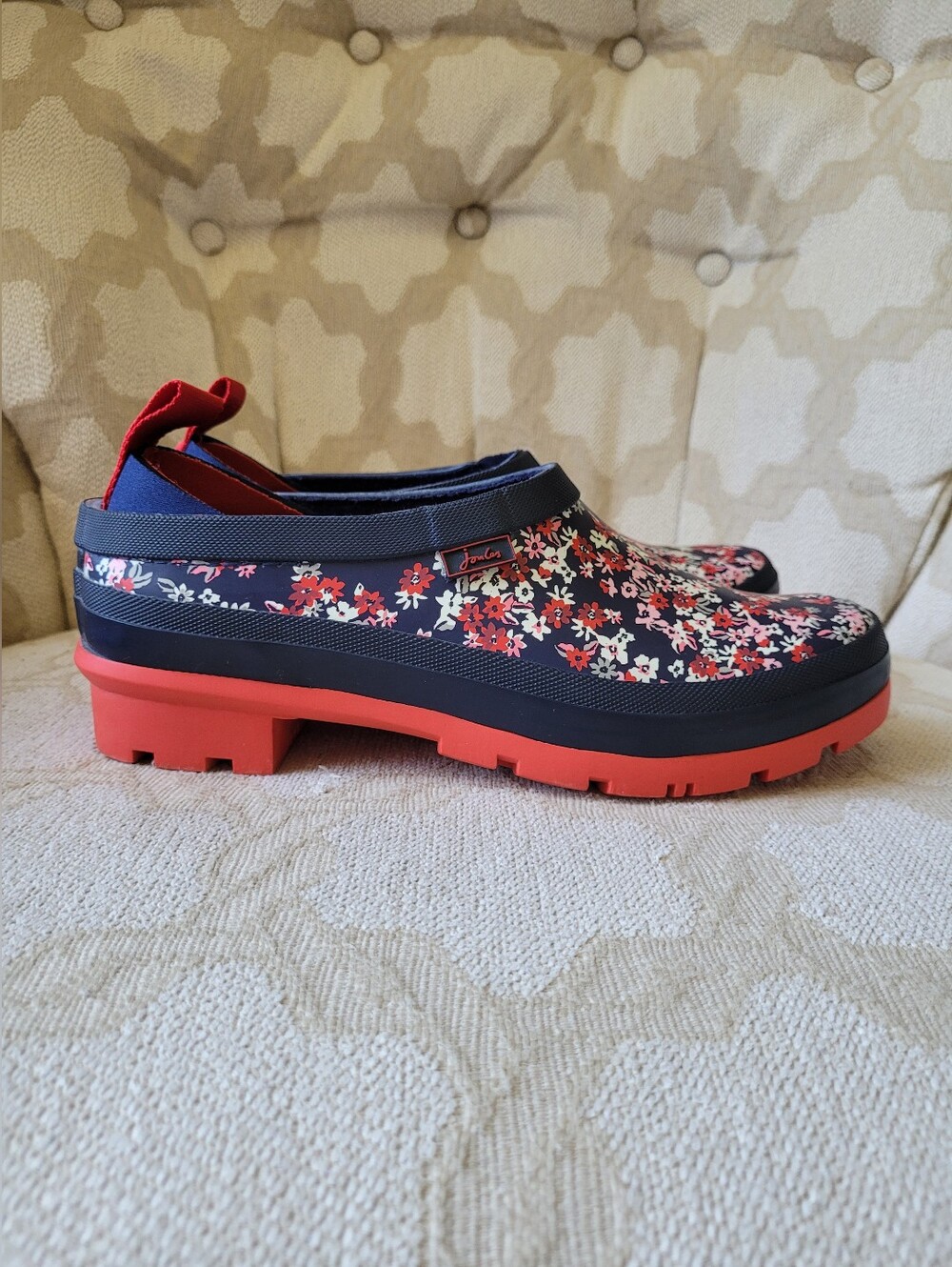 JOULES POP ON CLOGS WATERPROOF SLIP ON DUCK SHOES NAVY FLORAL RED  WOMEN'S 7
